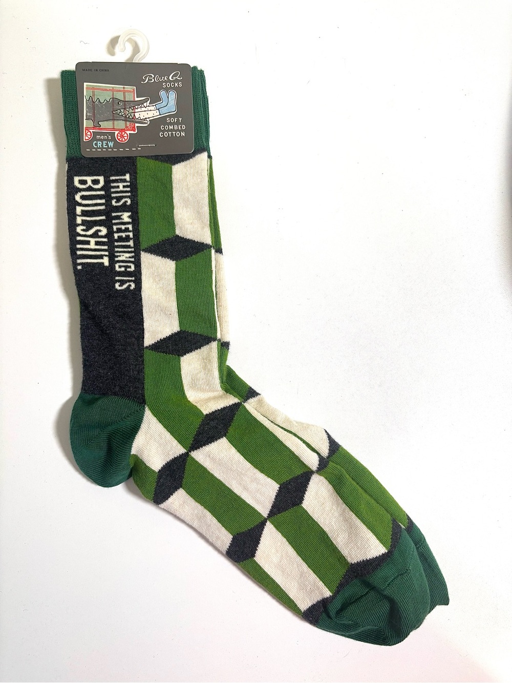 NWT Blue Q ‘THIS MEETING IS BULLSH*T’ Green/Cream Funny Crew Socks, Men’s 7-12